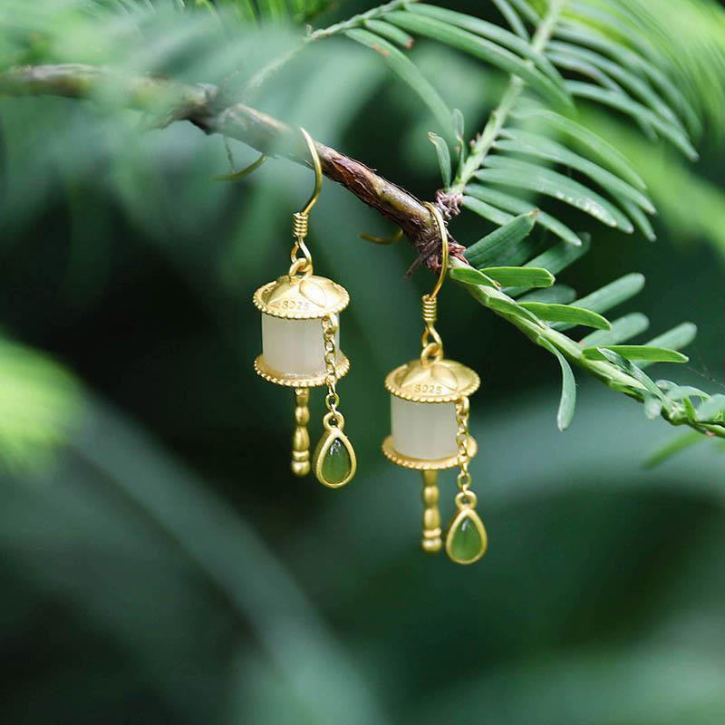 Nimara Ritual 925 Sterling Silver Jade Prayer Wheel Luck Drop Earrings