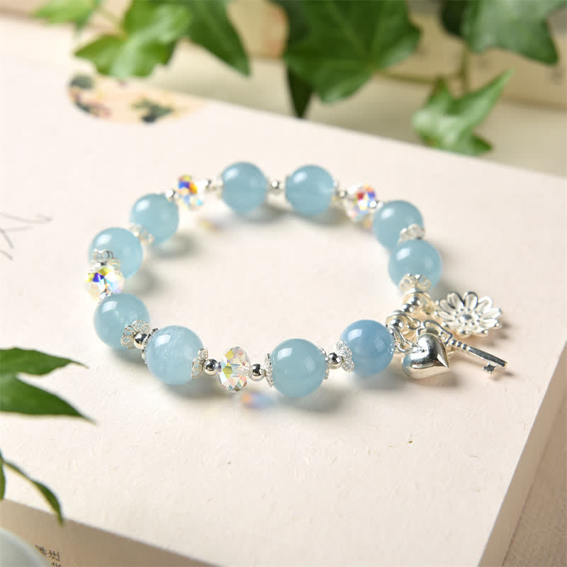 Nimara Ritual 925 Sterling Silver Natural Aquamarine Serenity Flower Love Key Charm Bracelet