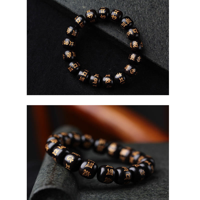 Nimara Ritual Tibetan Ebony Wood Om Mani Padme Hum Engraved Peace Bracelet