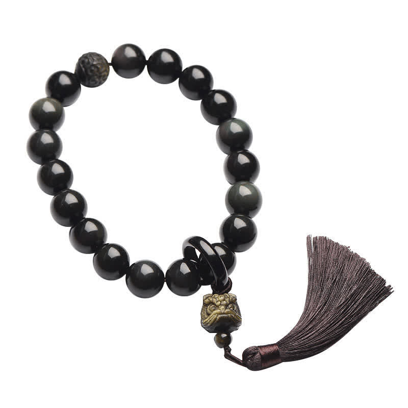 Nimara Ritual Natural Black Obsidian Lion Wrist Mala Protection Tassels Pocket Mala Car Decoration
