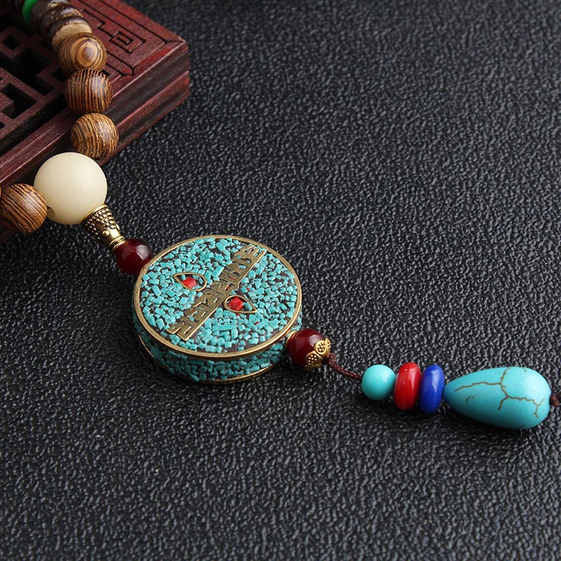 Nimara Ritual Turquoise Dzi Bead Prayer Wheel Wenge Wood Meditation Necklace