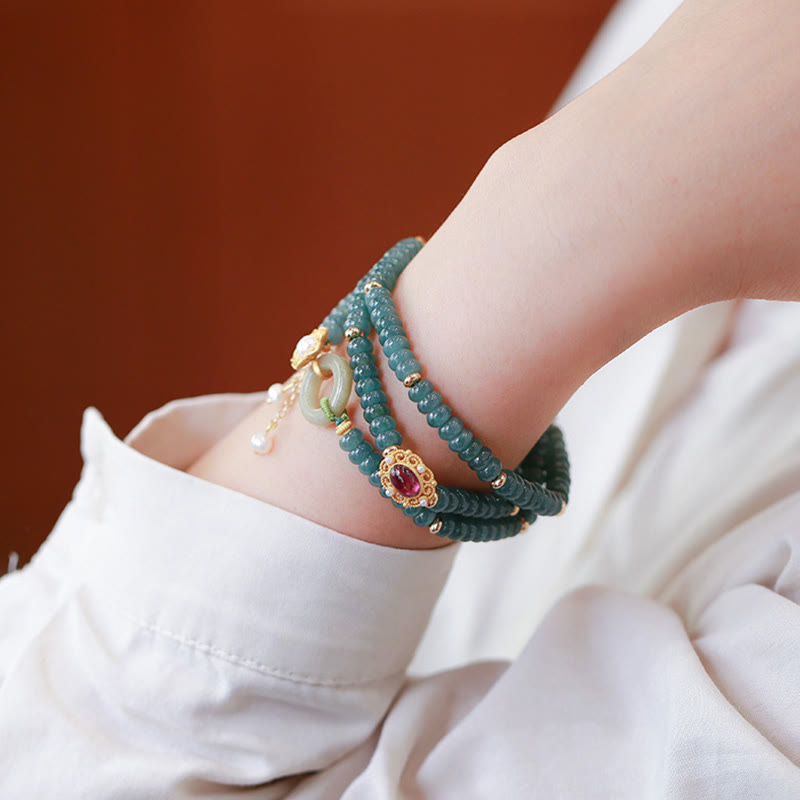 Nimara Ritual 925 Sterling Silver Gold Plated Cyan Jade Flower Peace Buckle Success Triple Wrap Bracelet