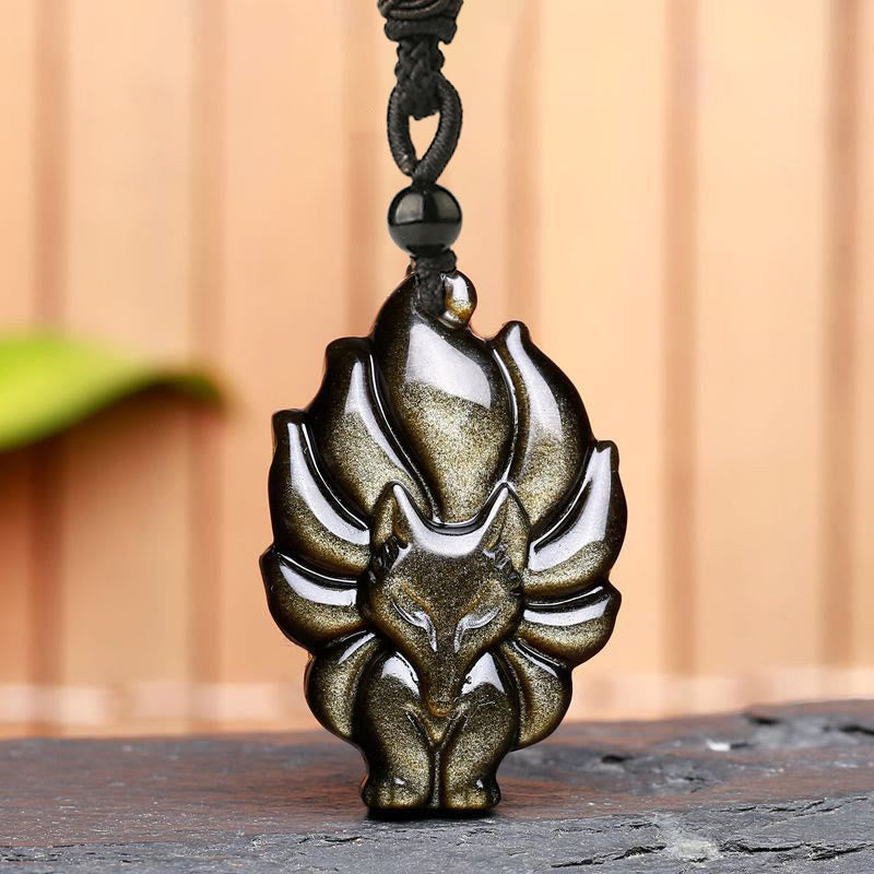 Nimara Ritual Natural Fluorite Gold Sheen Obsidian Fox Pendant Protection Necklace