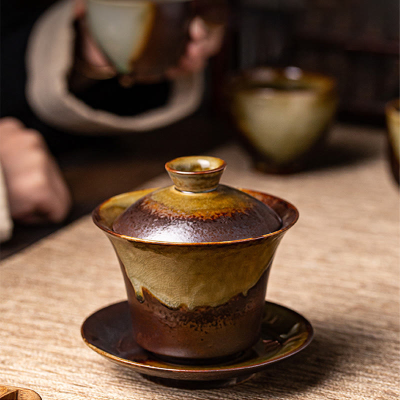 Nimara Ritual Vintage Brown Kiln Change Design Porcelain Ceramic Gaiwan Sancai Teacup Kung Fu Tea Cup And Saucer With Lid