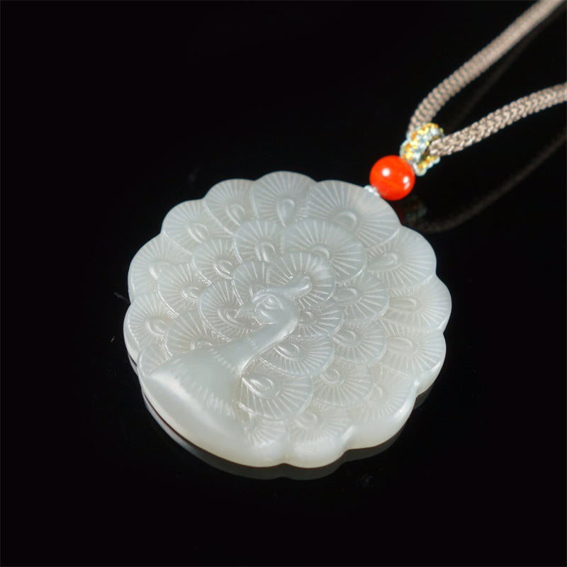 Nimara Ritual White Jade Peacock Protection Blessing Necklace Pendant