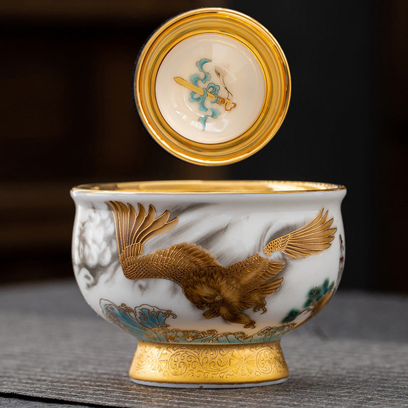 Nimara Ritual Golden Eagle Auspicious Dragon Sun Ocean Waves Gilt Ceramic Teacup Kung Fu Tea Cup