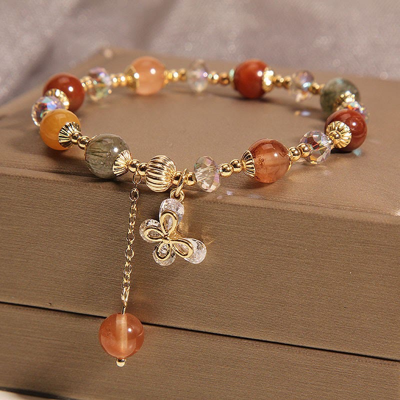 Nimara Ritual Natural Fu Lu Shou Rainbow Crystal Rutilated Quartz Wealth Butterfly Charm Bracelet
