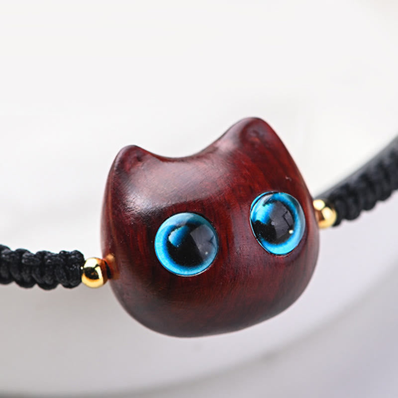 Nimara Ritual Small Leaf Red Sandalwood Ebony Wood Cute Cat Head Calm Protection Braided Bracelet
