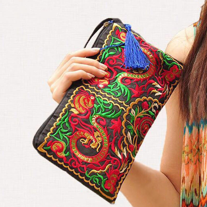 Nimara Ritual Dragon Butterfly Cosmos Flower Embroidery Wallet Shopping Purse