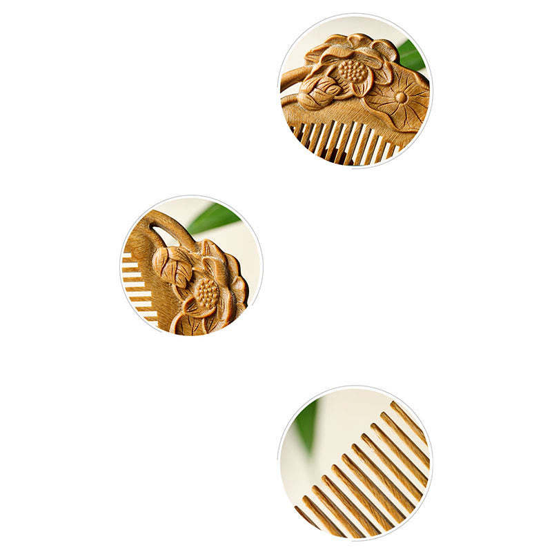 Nimara Ritual Natural Green Sandalwood Lotus Flower Leaf Engraved Soothing Comb