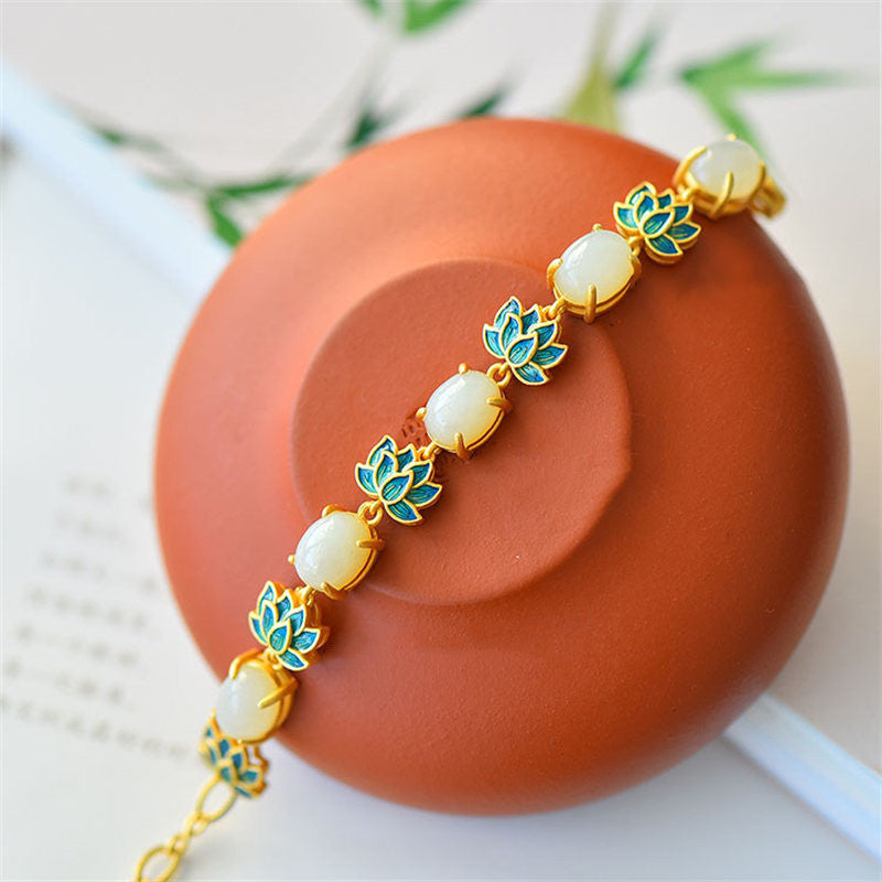 Nimara Ritual White Jade Cyan Jade Lotus Protection Bracelet