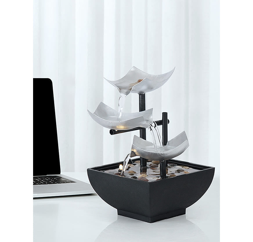 Nimara Ritual Three Layers Waterfall Fountain Tabletop Lotus Ornaments With River Rocks Desktop Decoration