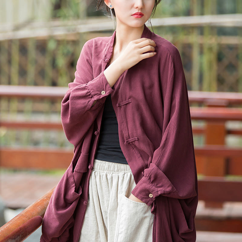 Nimara Ritual Frog-Button Long Sleeve Zen Meditation Open Front Jacket With Pockets