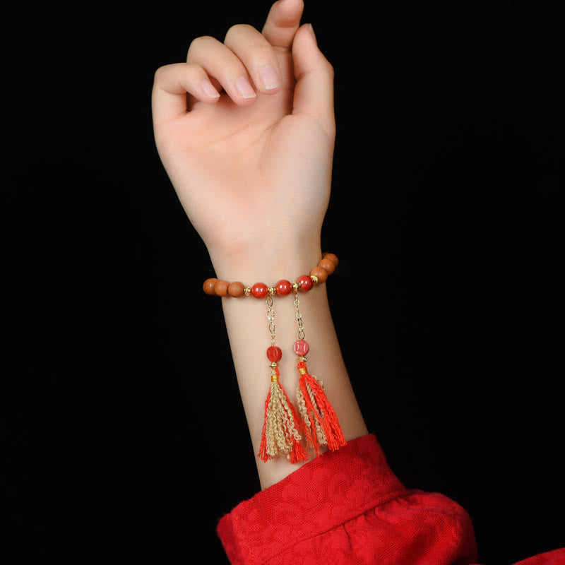 Nimara Ritual Tibetan Natural Peach Wood Cinnabar PiXiu Wealth Tassels Bracelet