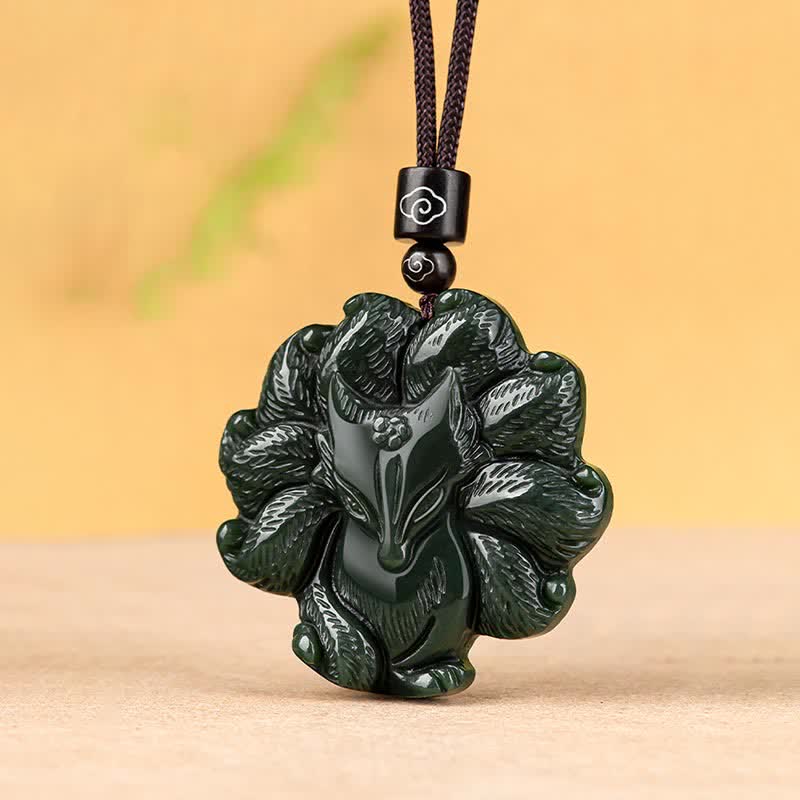 Nimara Ritual Hetian Cyan Jade Nine Tailed Fox Luck Necklace String Pendant