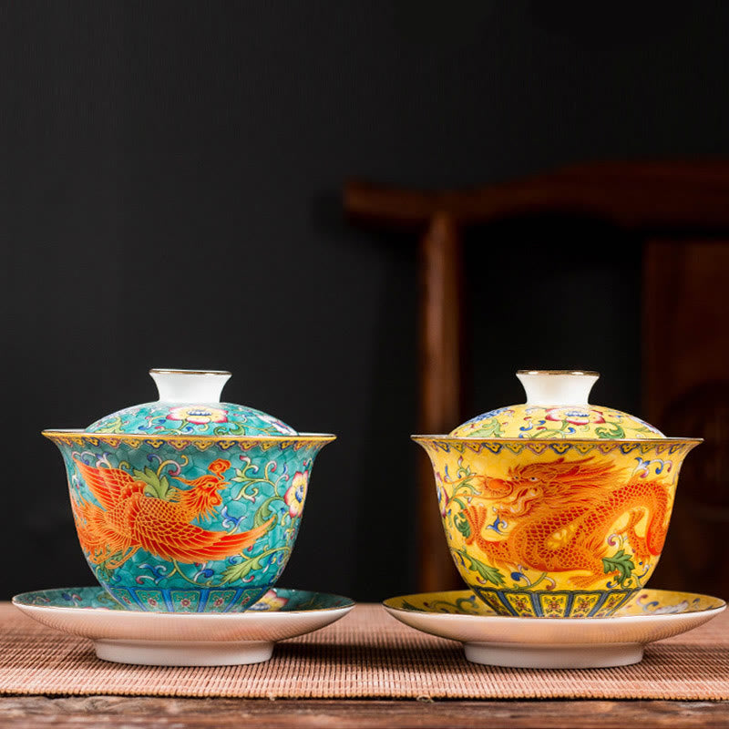 Nimara Ritual Dragon Phoenix Flower Design Ceramic Gaiwan Sancai Teacup Kung Fu Tea Cup And Saucer With Lid