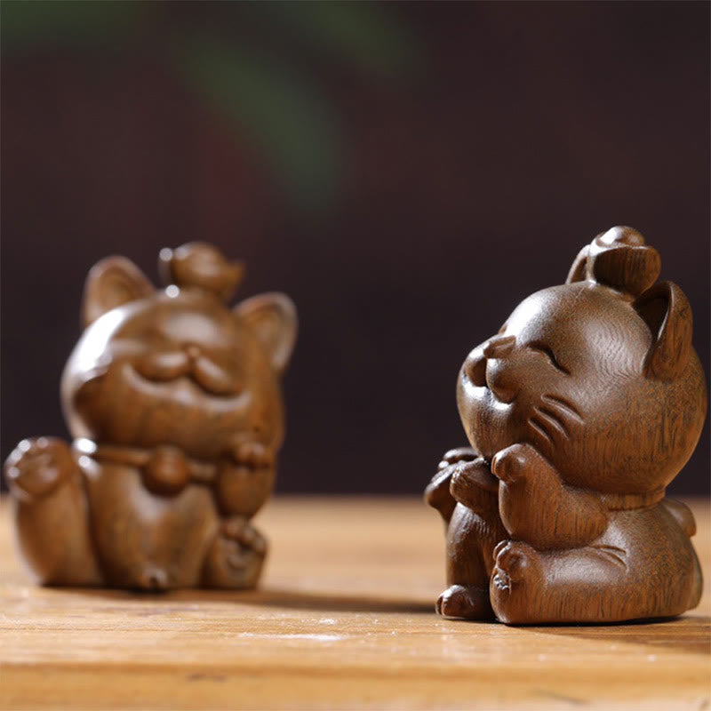 Nimara Ritual Mini Green Sandalwood Ingot Lucky Cat Carved Peace Desk Decorations