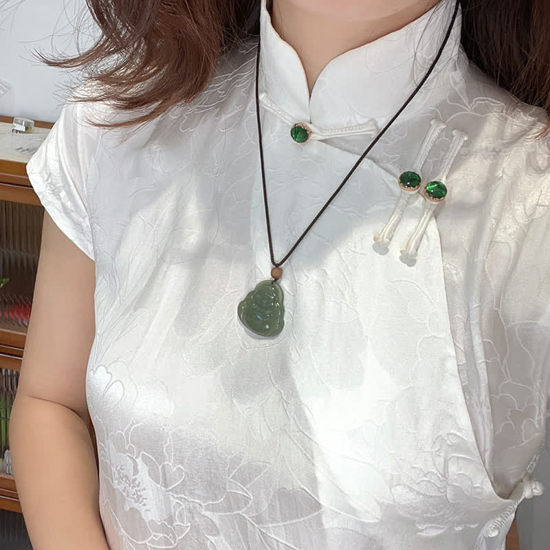 Nimara Ritual Laughing Buddha Hetian Jade Healing Calm Necklace String Pendant