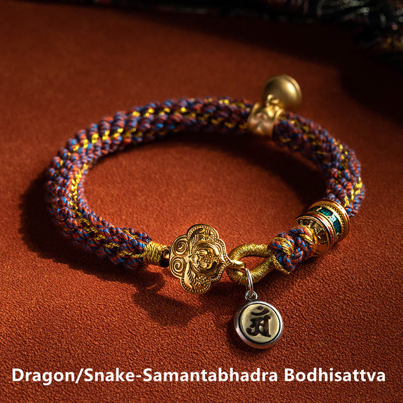 Nimara Ritual 925 Sterling Silver Chinese Zodiac Natal Buddha Om Mani Padme Hum Luck Bell Braided String Bracelet