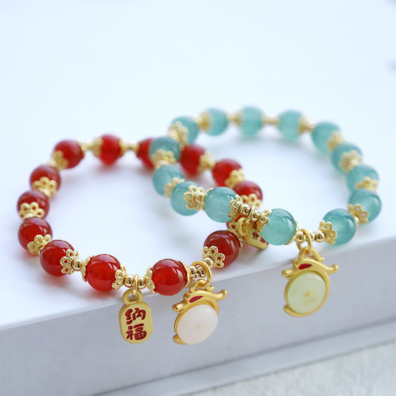 Nimara Ritual Year of the Dragon Red Agate Green Aventurine Peace Buckle Fu Character Lucky Fortune Bracelet