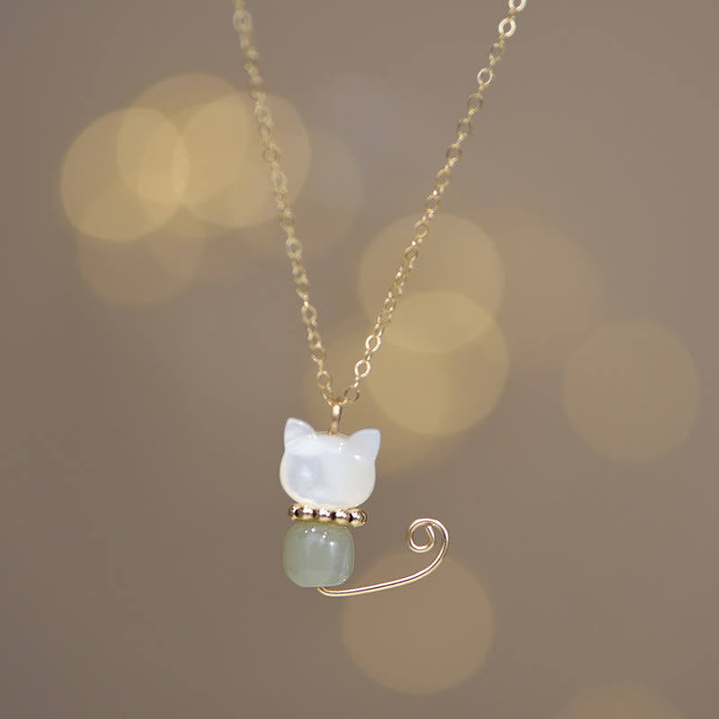 Nimara Ritual 14K Gold Plated Pearl Hetian Jade Shell Luck Cat Kitten Necklace Pendant