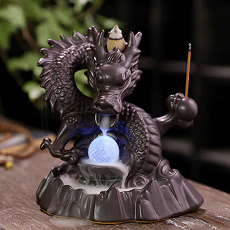 Nimara Ritual Auspicious Dragon Ceramic Backflow Smoke Fountain Meditation Healing Incense Burner Led Ball Decoration