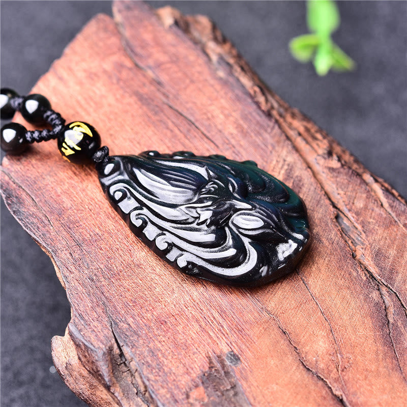 Nimara Ritual Natural Rainbow Obsidian Nine Tailed Fox Inner Peace Necklace Beaded String Pendant