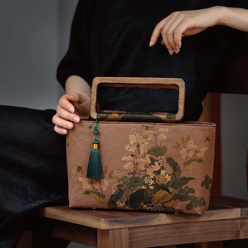 Nimara Ritual Vintage Brown Flowers Green Bamboo Leaves Wood Handles Zipper Handbag