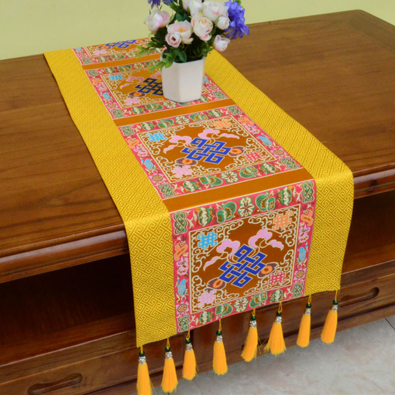 Nimara Ritual Prayer Altar Mat Man-Bcu Kalachakra Endless Knot Vajra Tibetan Auspicious Symbols Tassels Table Runner