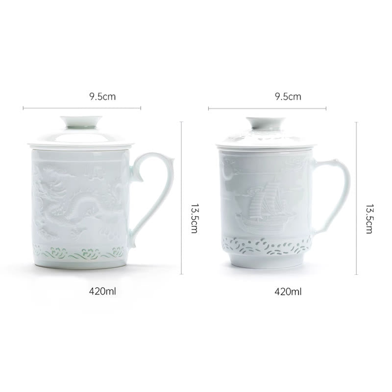 Nimara Ritual Jingdezhen Linglong Porcelain Auspicious Dragon Phoenix Boat Smooth Sailing Ceramic Teacup Office Tea Cups 420ml