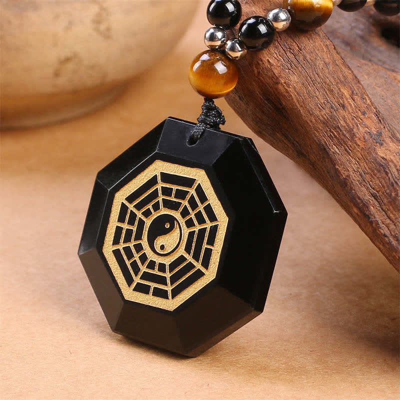 Nimara Ritual Bagua Yin Yang Black Obsidian Purification Beaded Necklace Pendant