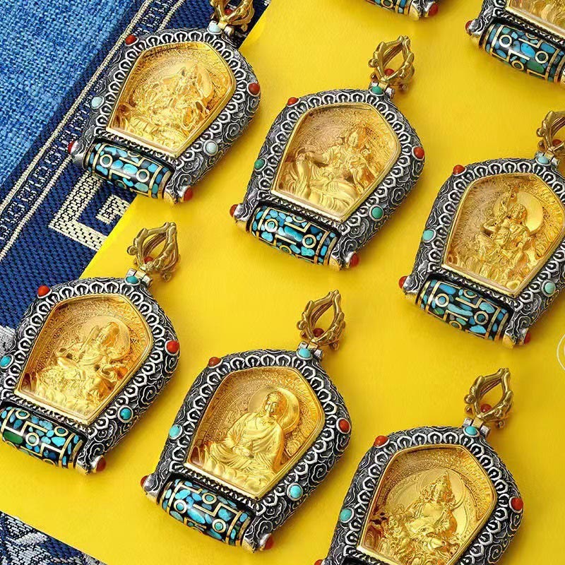 Nimara Ritual Tibet Chinese Zodiac Natal Buddha Thangka Prosperity Rotatable Dzi Bead Necklace Pendant