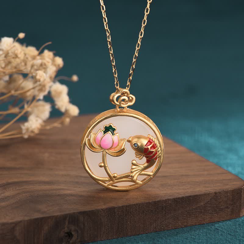 Nimara Ritual White Jade Koi Fish Lotus Blessing Necklace Pendant