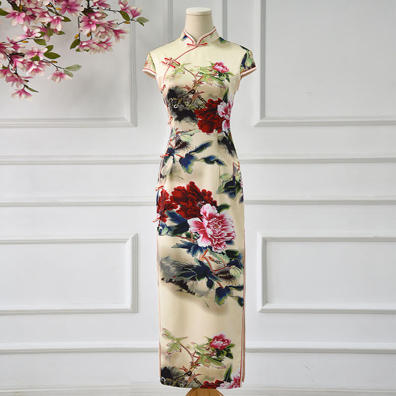 Nimara Ritual Peony Flower Print Cheongsam Dress Women's Qipao