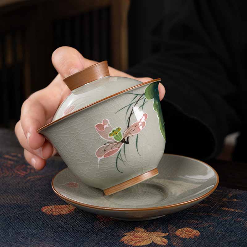 Nimara Ritual Lotus Koi Fish Pod Leaf Ceramic Gaiwan Sancai Teacup Kung Fu Tea Cup And Saucer With Lid 140ml