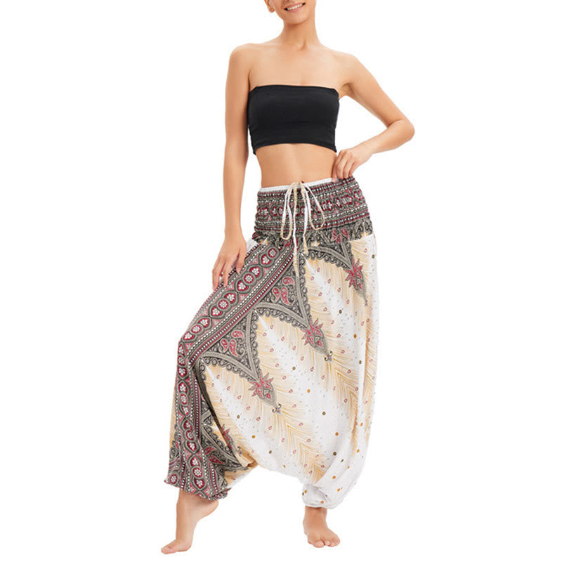 Nimara Ritual Two Style Wear Peacock Feather Loose Smocked Harem Trousers Jumpsuit High Waist Pants