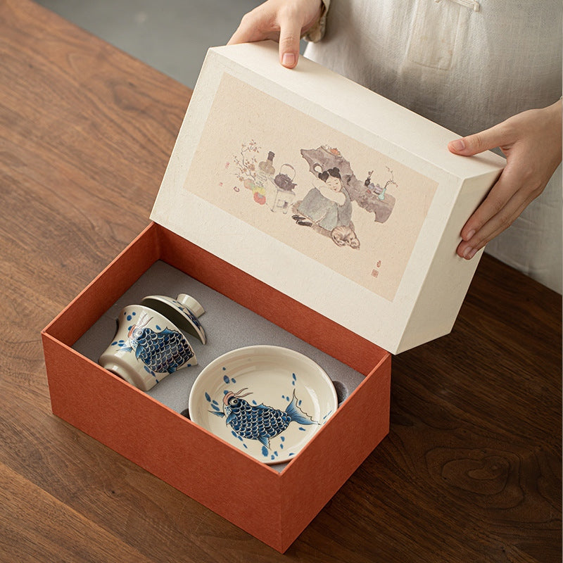 Nimara Ritual Koi Fish Arowana Ceramic Gaiwan Sancai Teacup Kung Fu Tea Cup With Lid 130ml