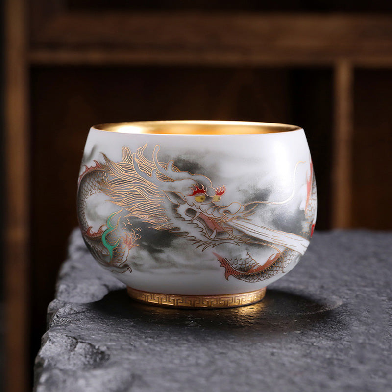 Nimara Ritual Dragon Gilt Gourd Ceramic White Porcelain Teacup Kung Fu Tea Cup 160ml