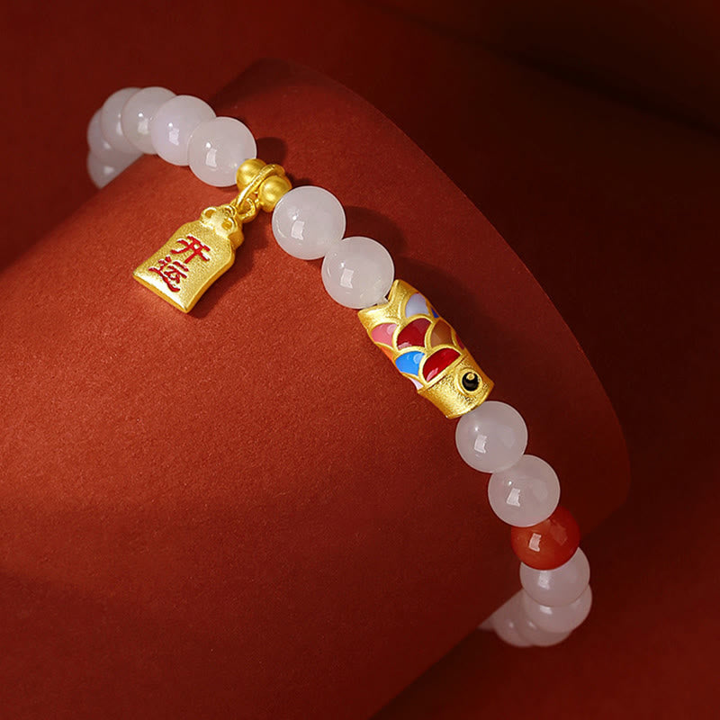 Nimara Ritual 925 Sterling Silver Hetian White Jade Red Agate Koi Fish Luck Happiness Bracelet