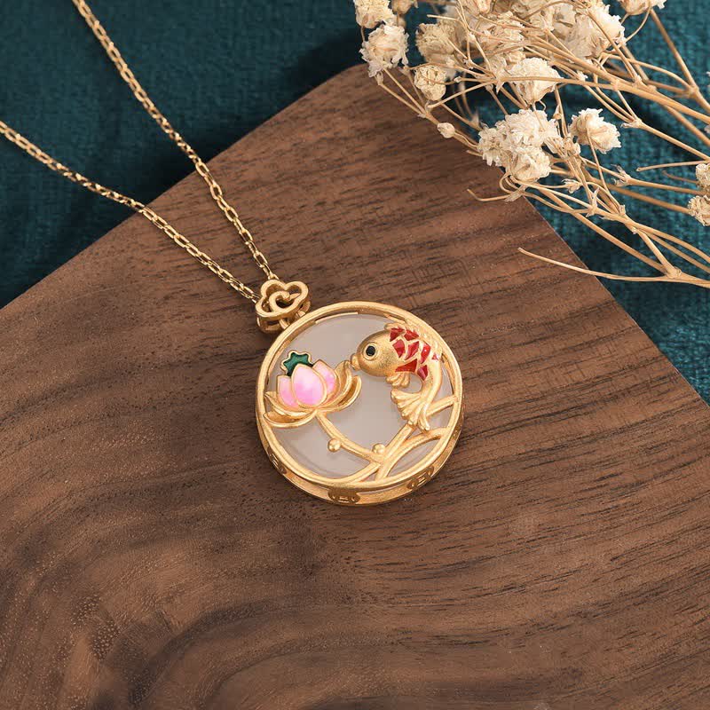 Nimara Ritual White Jade Koi Fish Lotus Blessing Necklace Pendant