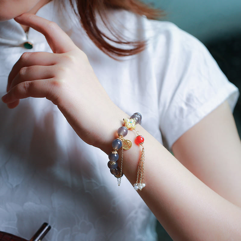 Nimara Ritual Natural Gray Agate Fu Character Pearl Tassel Balance Bracelet