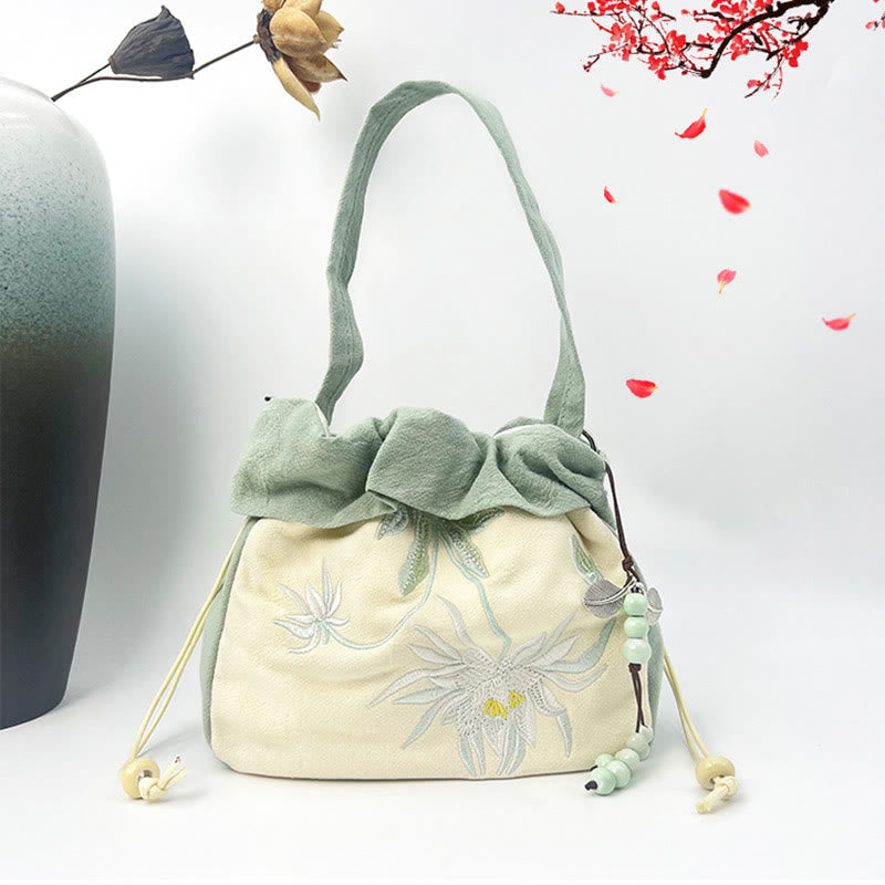 Nimara Ritual Suzhou Embroidery Lotus Epiphyllum Magnolia Cotton Linen Tote Crossbody Bag Shoulder Bag Handbag
