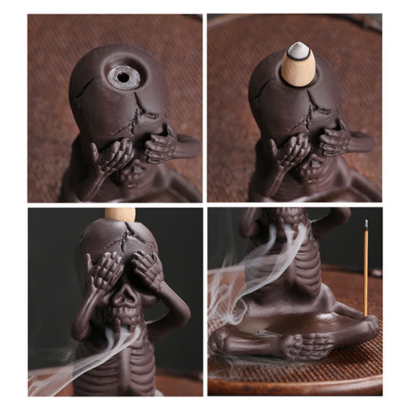 Nimara Ritual Little Skull Ghost Purple Clay Backflow Smoke Fountain Peace Incense Burner Decoration