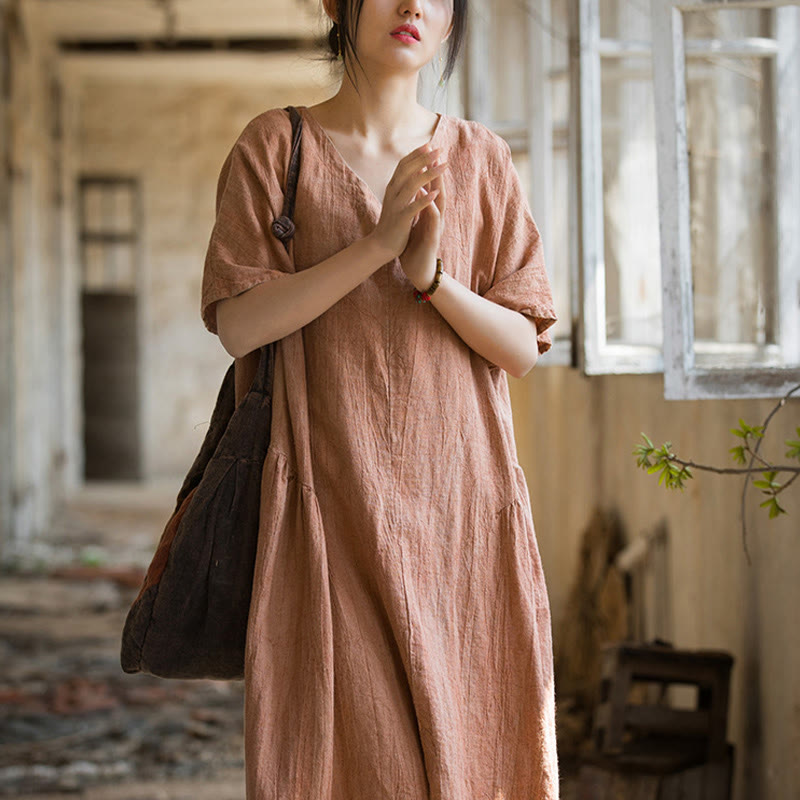 Nimara Ritual Handmade Tie Dye V-Neck Midi Dress Linen Short Sleeve Dress