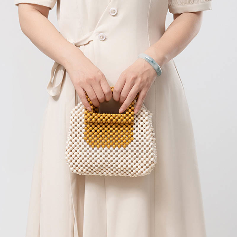 Nimara Ritual Hand-woven Wooden Beads Square Tote Handbag