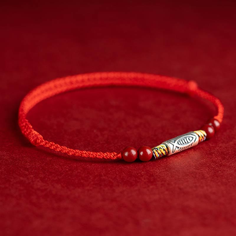 Nimara Ritual 925 Sterling Silver Koi Fish Cinnabar Bead Wealth Handcrafted Braided Bracelet Anklet