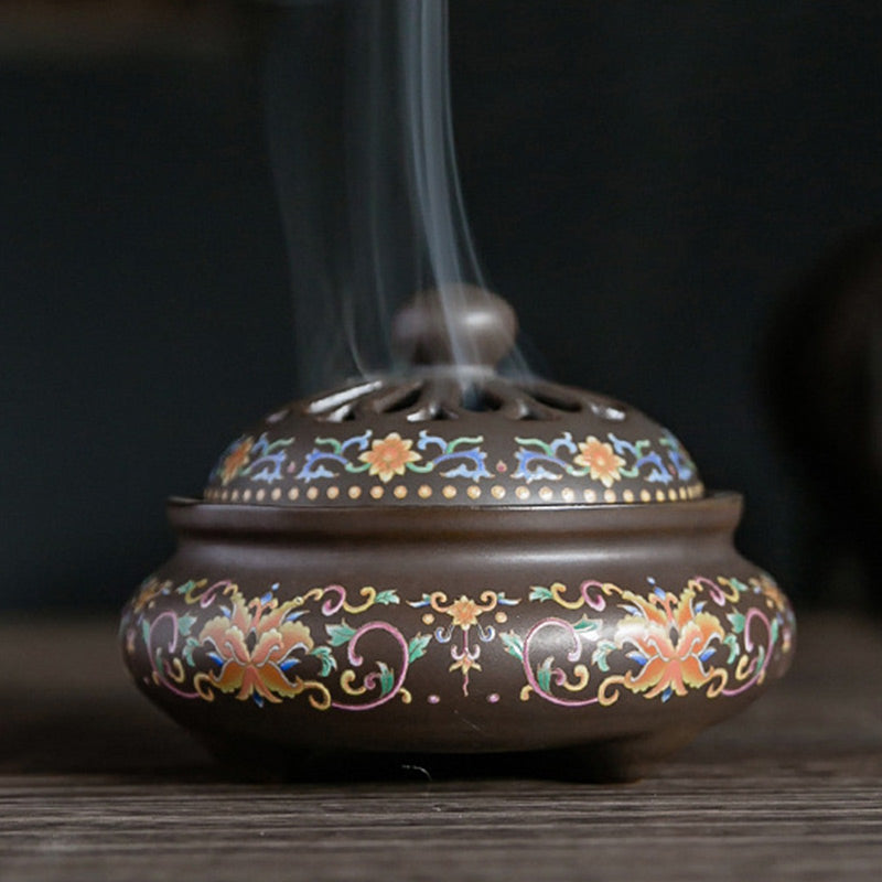 Nimara Ritual Dragon Floral Pattern Backflow Smoke Fountain Ceramic Meditation Incense Burner Decoration