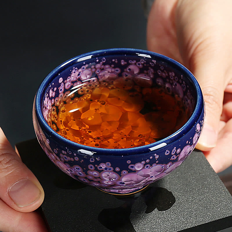 Nimara Ritual Colorful Iris Flowers Chinese Jianzhan Kiln Change Porcelain Teacup Tenmoku Kung Fu Tea Cup
