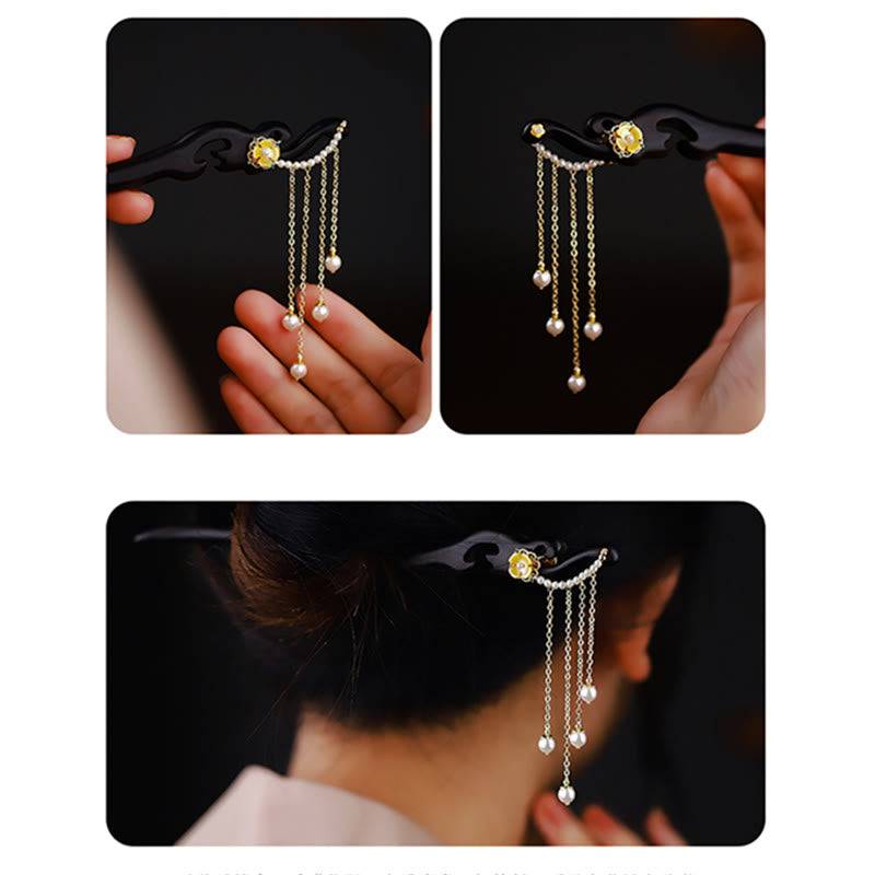 Nimara Ritual Ebony Wood Yellow Flower Pearl Tassels Hairpin