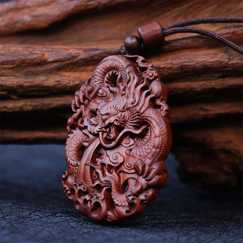 Nimara Ritual Lightning Struck Jujube Wood Double Dragon Relief Ward Off Evil Spirits Necklace Pendant